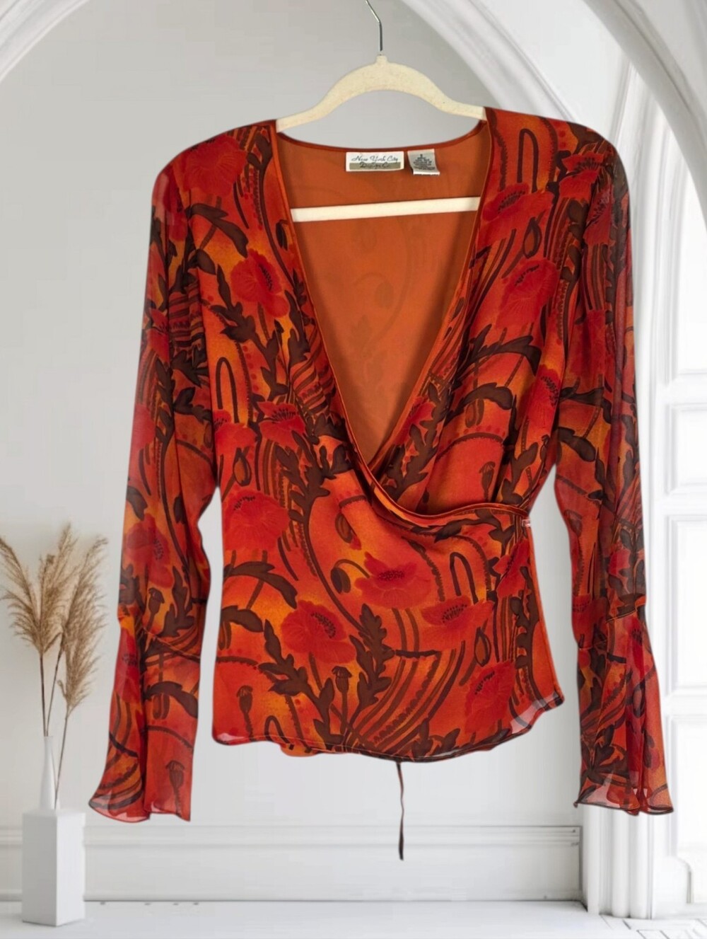 Y2k 100% Silk New York City Fall Print Wrap Long Sleeve Blouse Size Small
